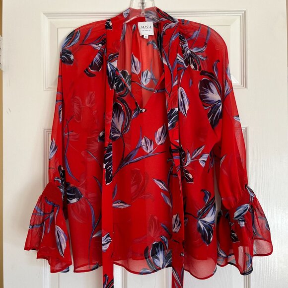 MISA Los Angeles Gracie Floral Bell Sleeve Tie Neck Semi-sheer Top Red Blouse,XS - Picture 4 of 10